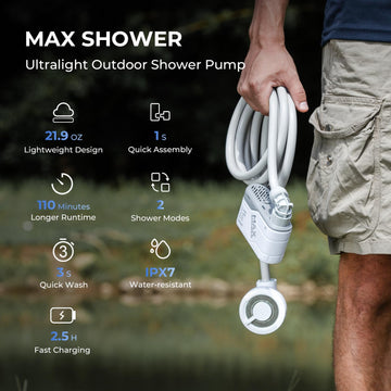 FLEXTAILGEAR MAX Shower dense-water-flow demonstrates a powerful spray for refreshing outdoor showers.