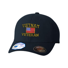Front view of unisex flexfit hat in dark navy with Vietnam Veteran War embroidery