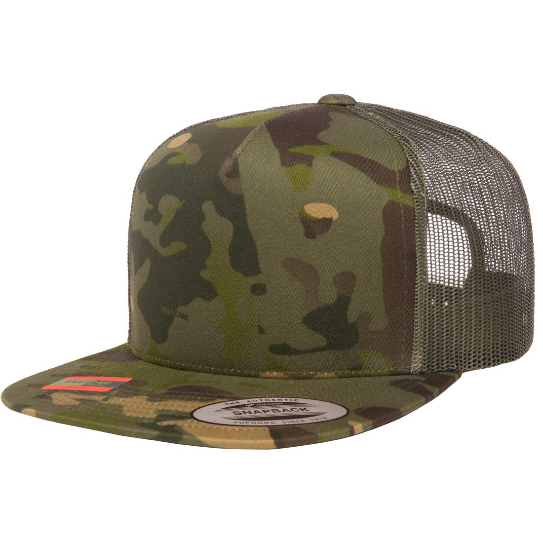 Flexfit men's one-size trucker cap Black Alpha with MultiCam pattern, front view.