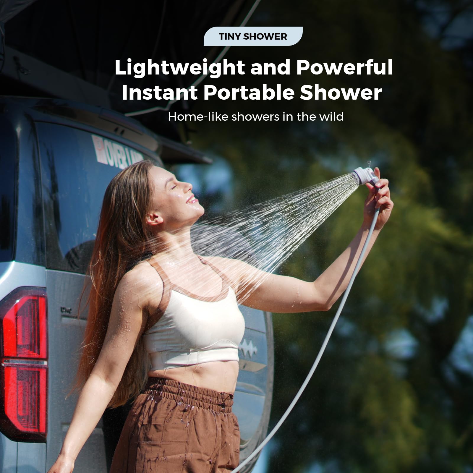 FLEXTAILGEAR Tiny Shower quiet motor for peaceful campsite use.