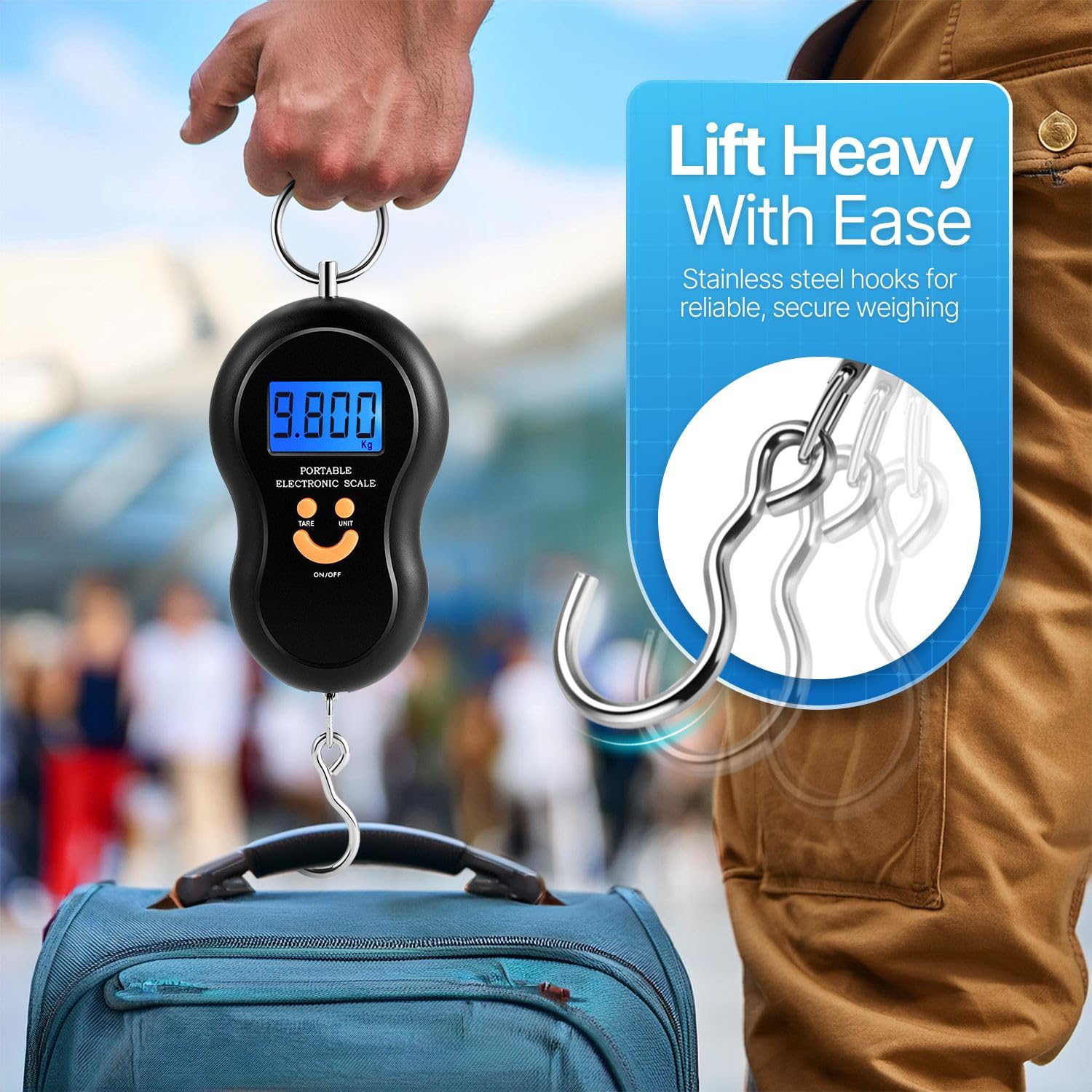 Durable hook and handle on the luggage scale for bags or fishing gear
