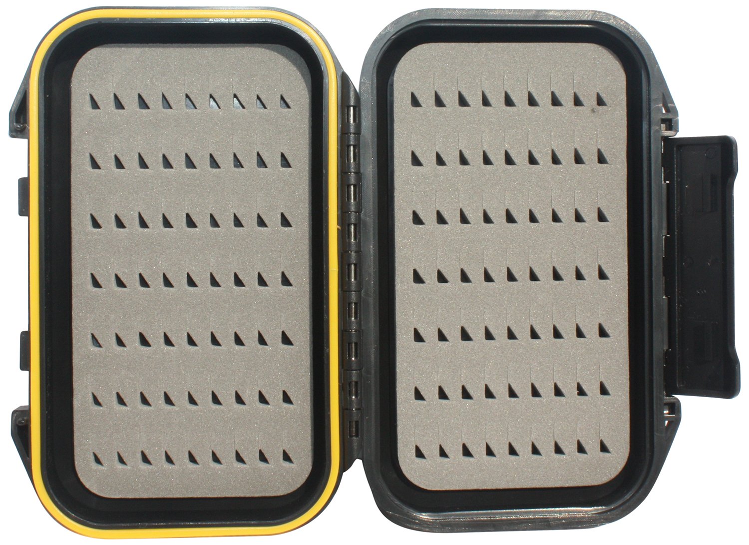 Pocket-size Flies Direct Waterproof Fly Box that holds 126 flies (63 per side) and floats.