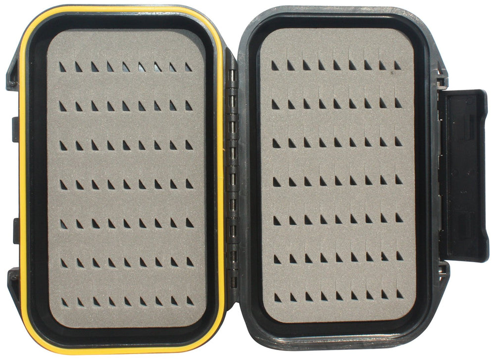 Pocket-size Flies Direct Waterproof Fly Box that holds 126 flies (63 per side) and floats.