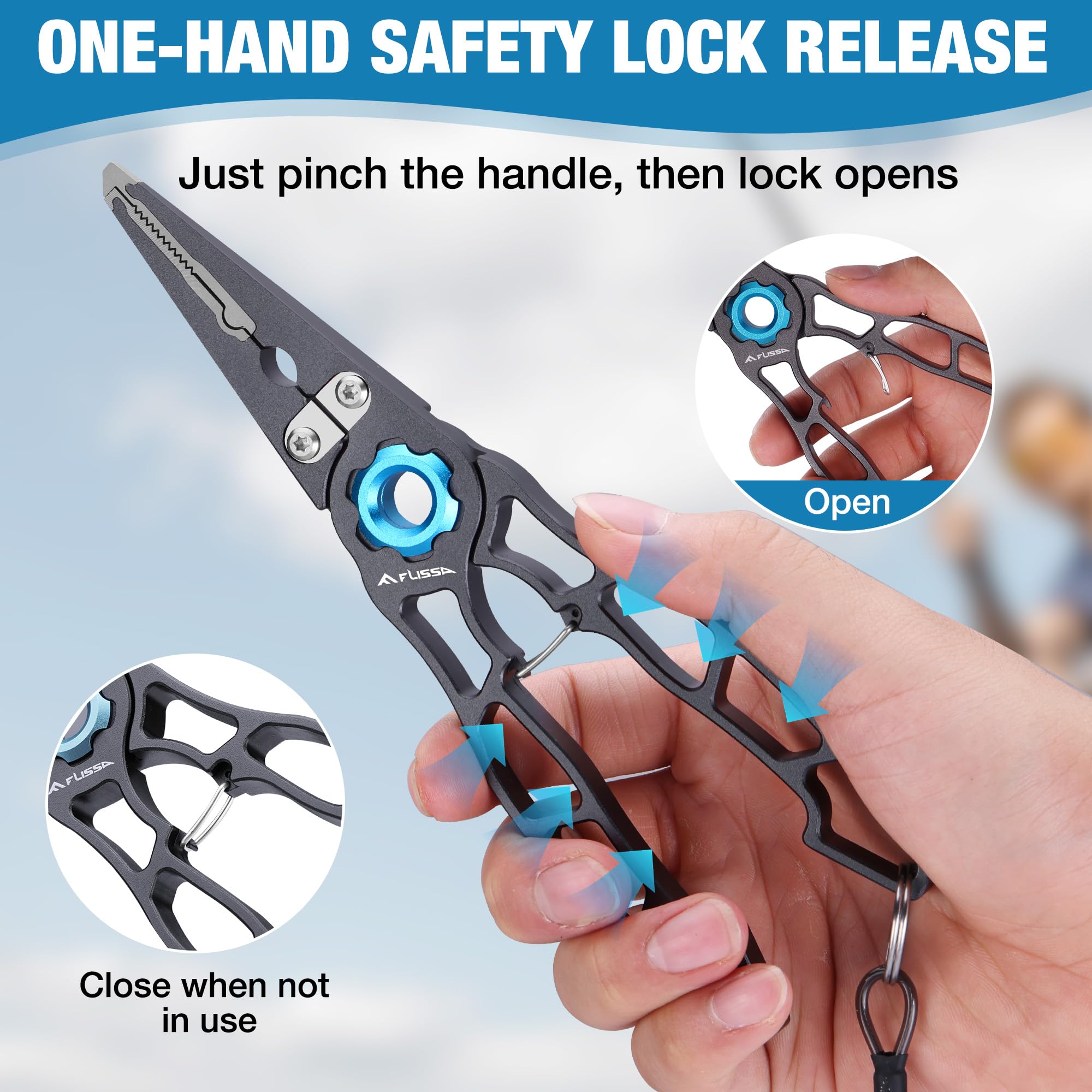 5-in-1 tool features: ring opening, crimping, hook removal