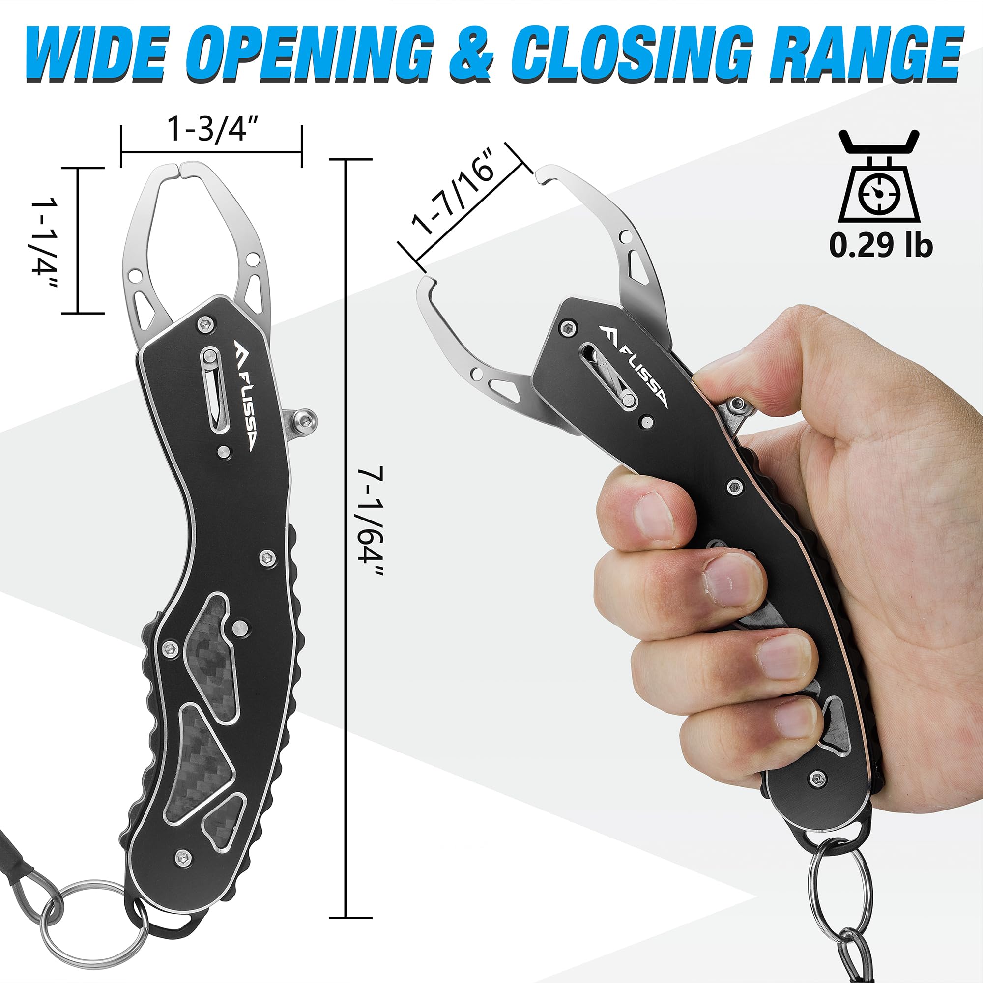 Side view of FLISSA stainless steel fish gripper in use