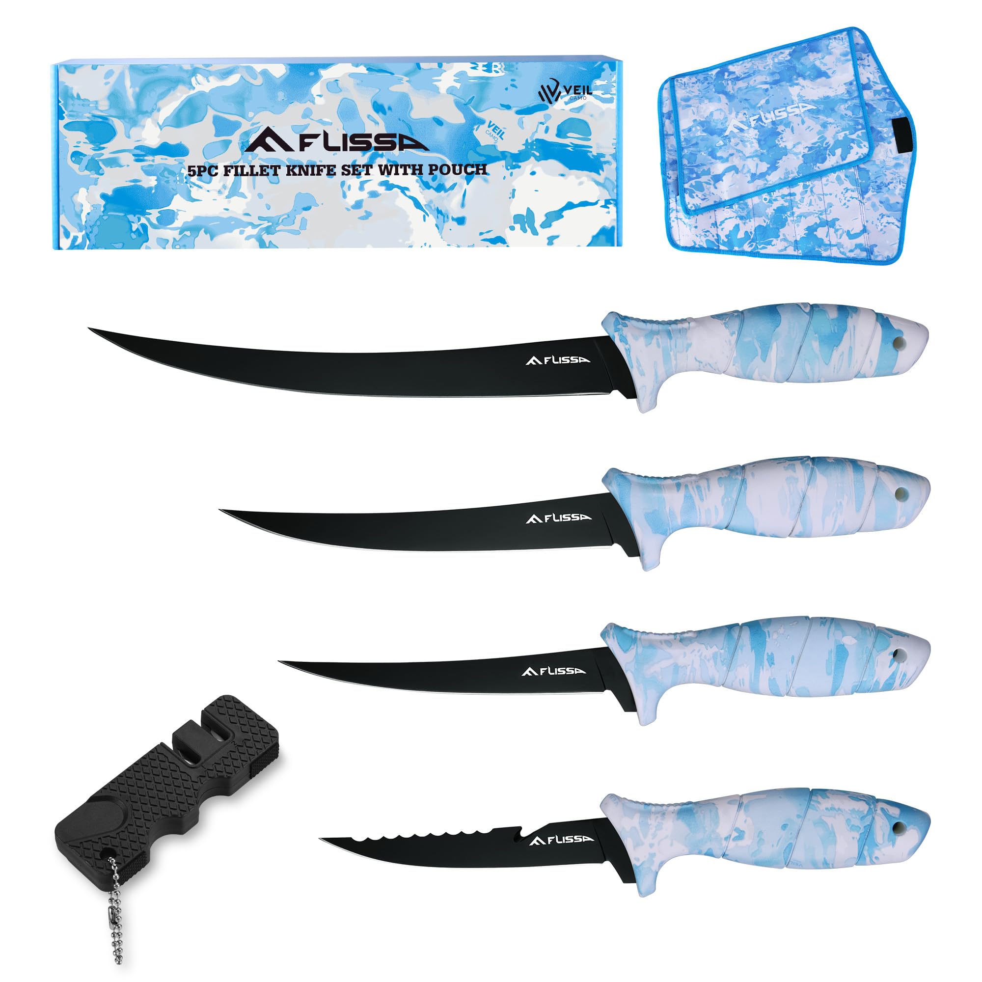 FLISSA fillet knife set displayed with a blue camo roll bag