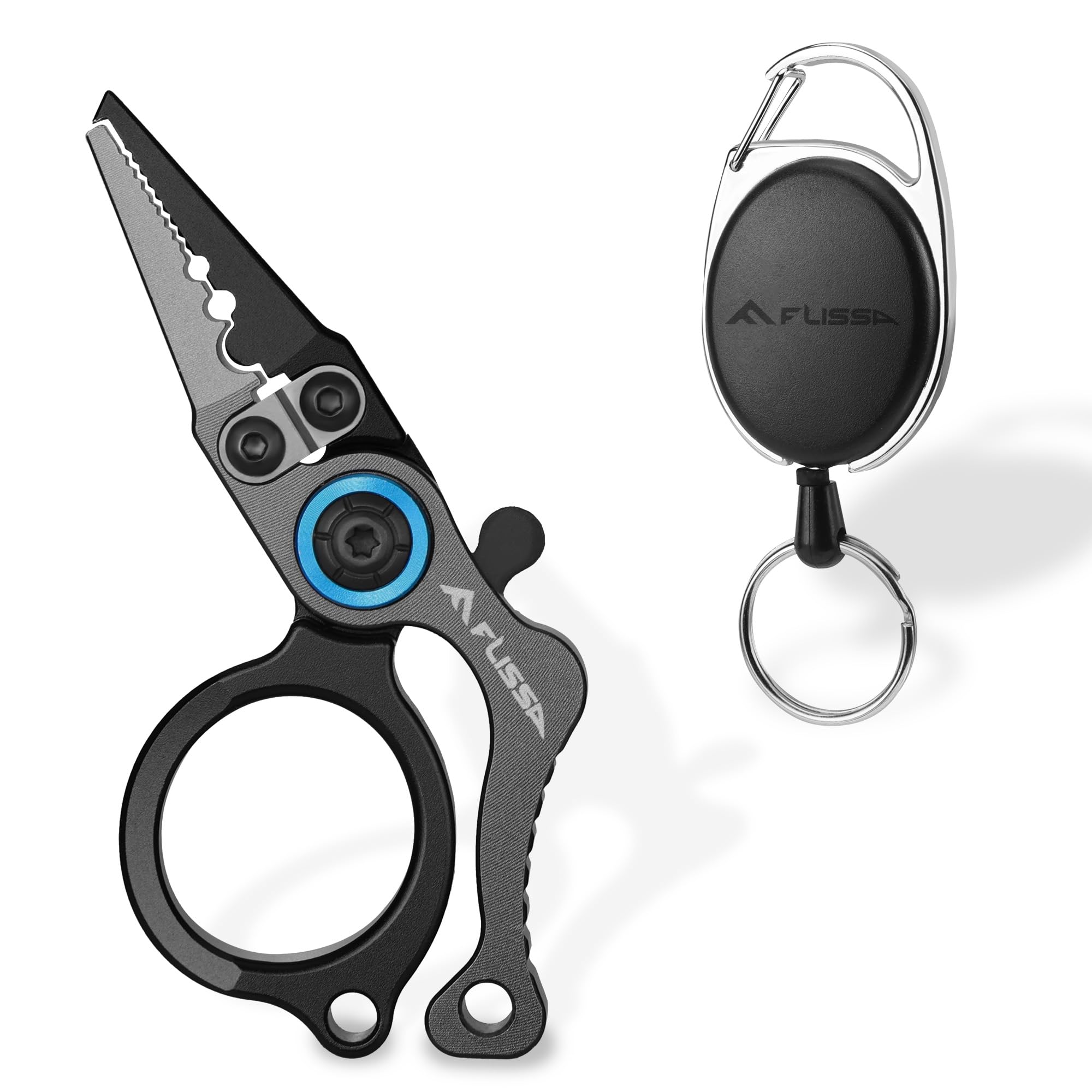 FLISSA mini fishing pliers with fly fishing zinger retractors attached