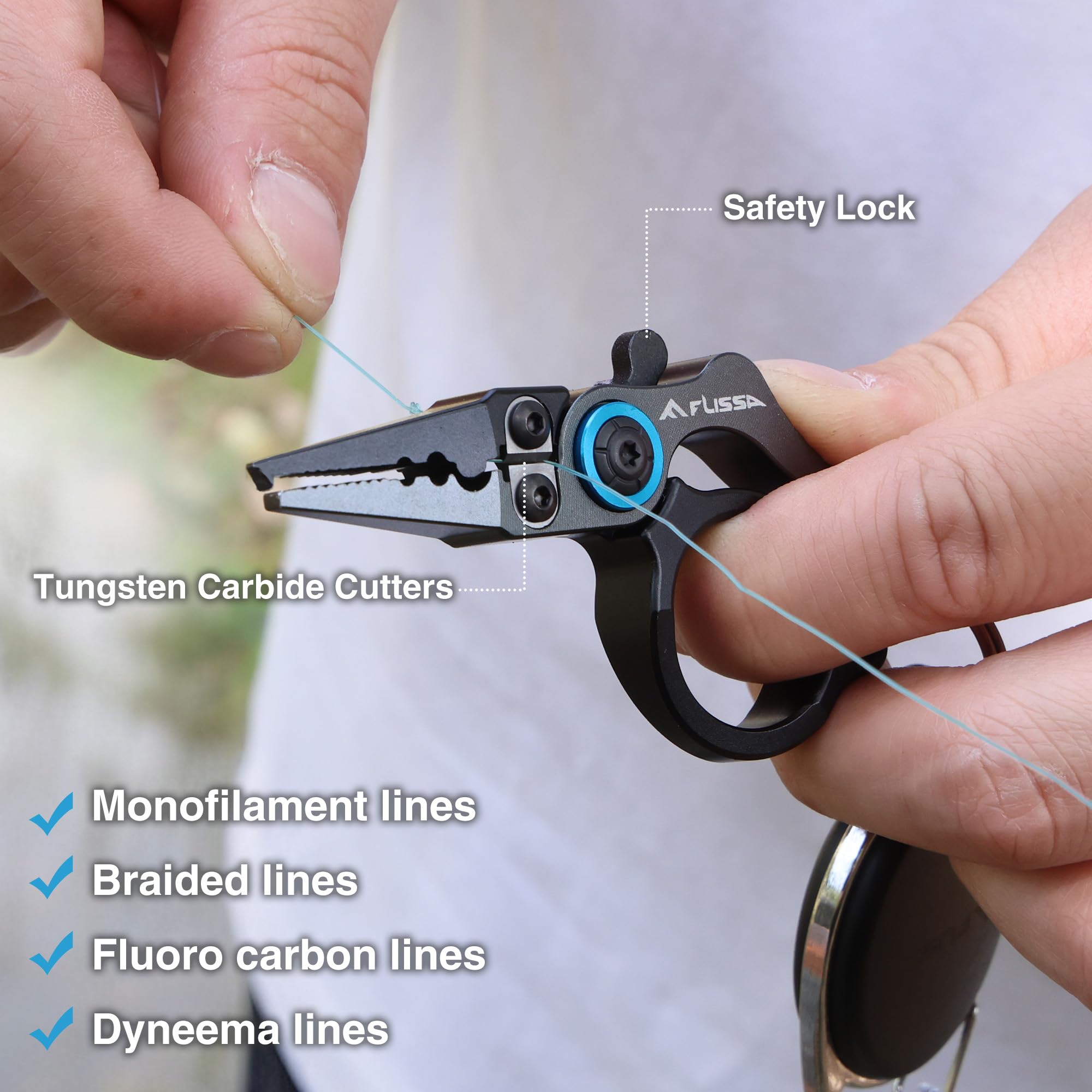 Open split rings and line cutting feature on FLISSA pliers