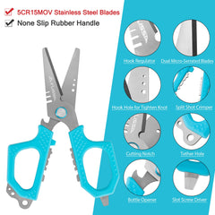 Close-up of multi-function fishing pliers with aluminum handles