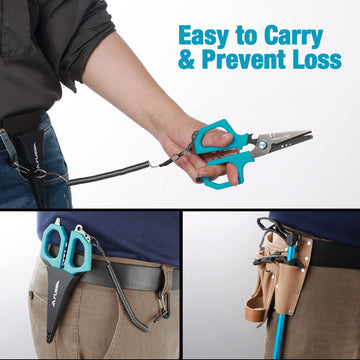 Coiled lanyards included for secure carrying of tools