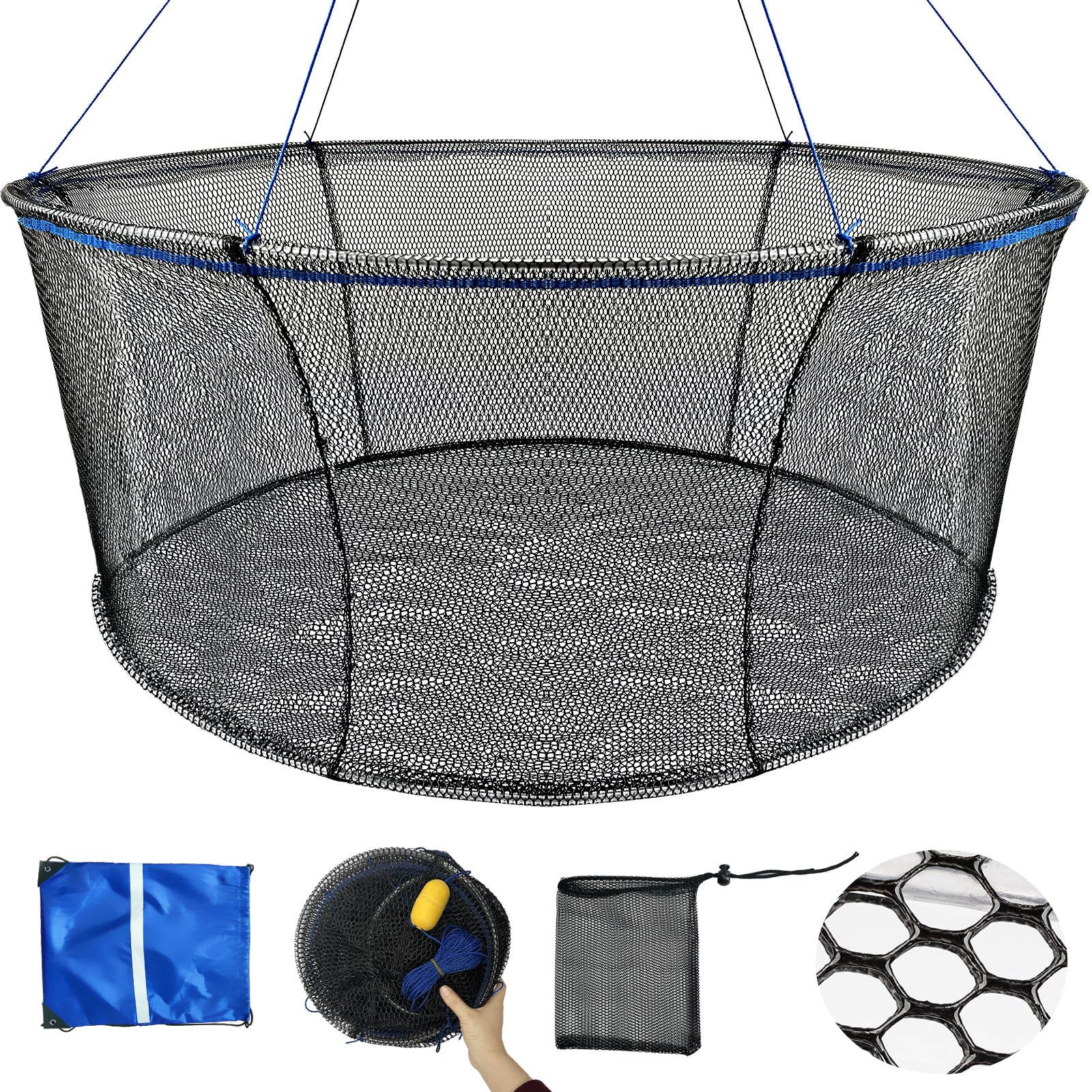 Folding floating fishing net with 28x32 inch top opening