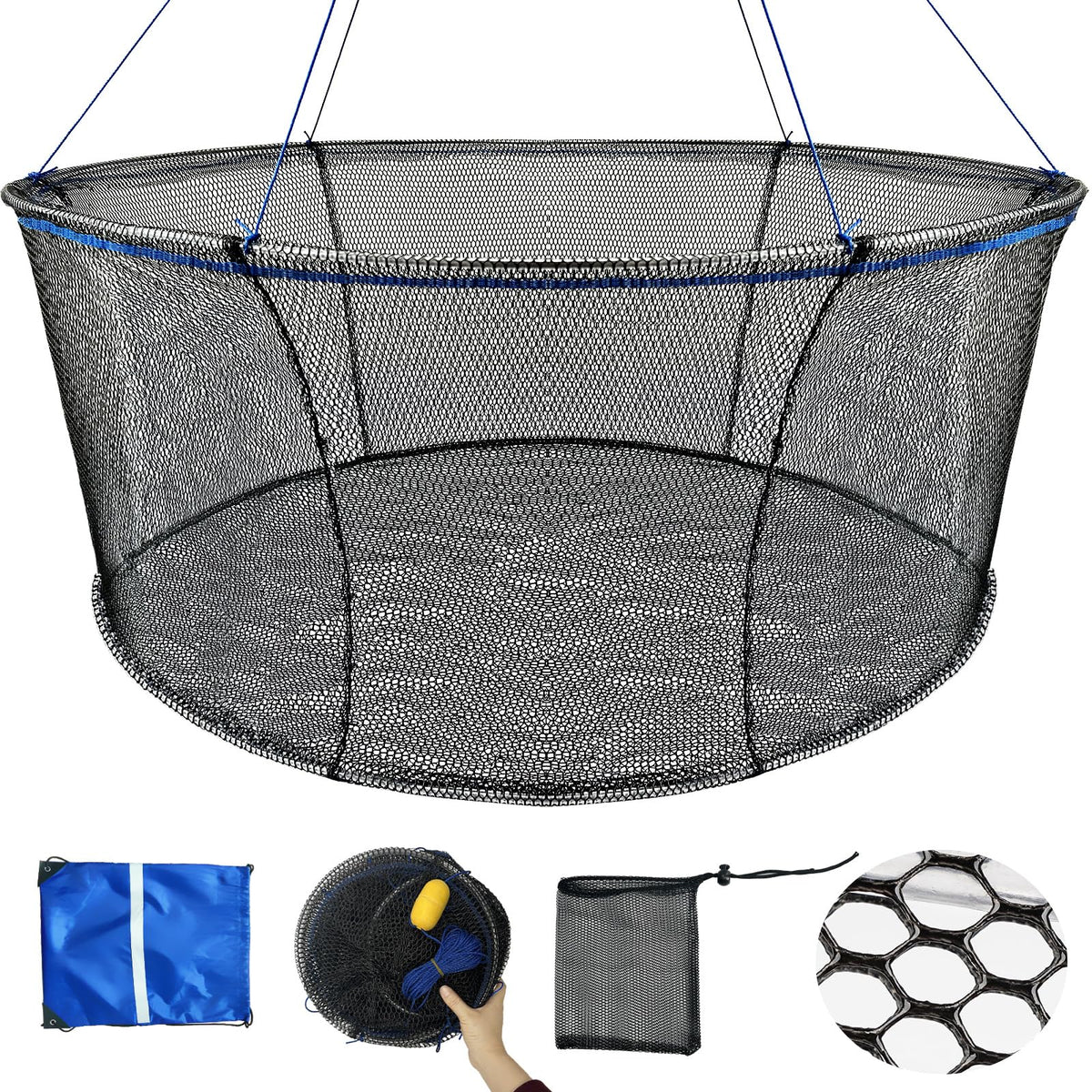 Folding floating fishing net with 28x32 inch top opening