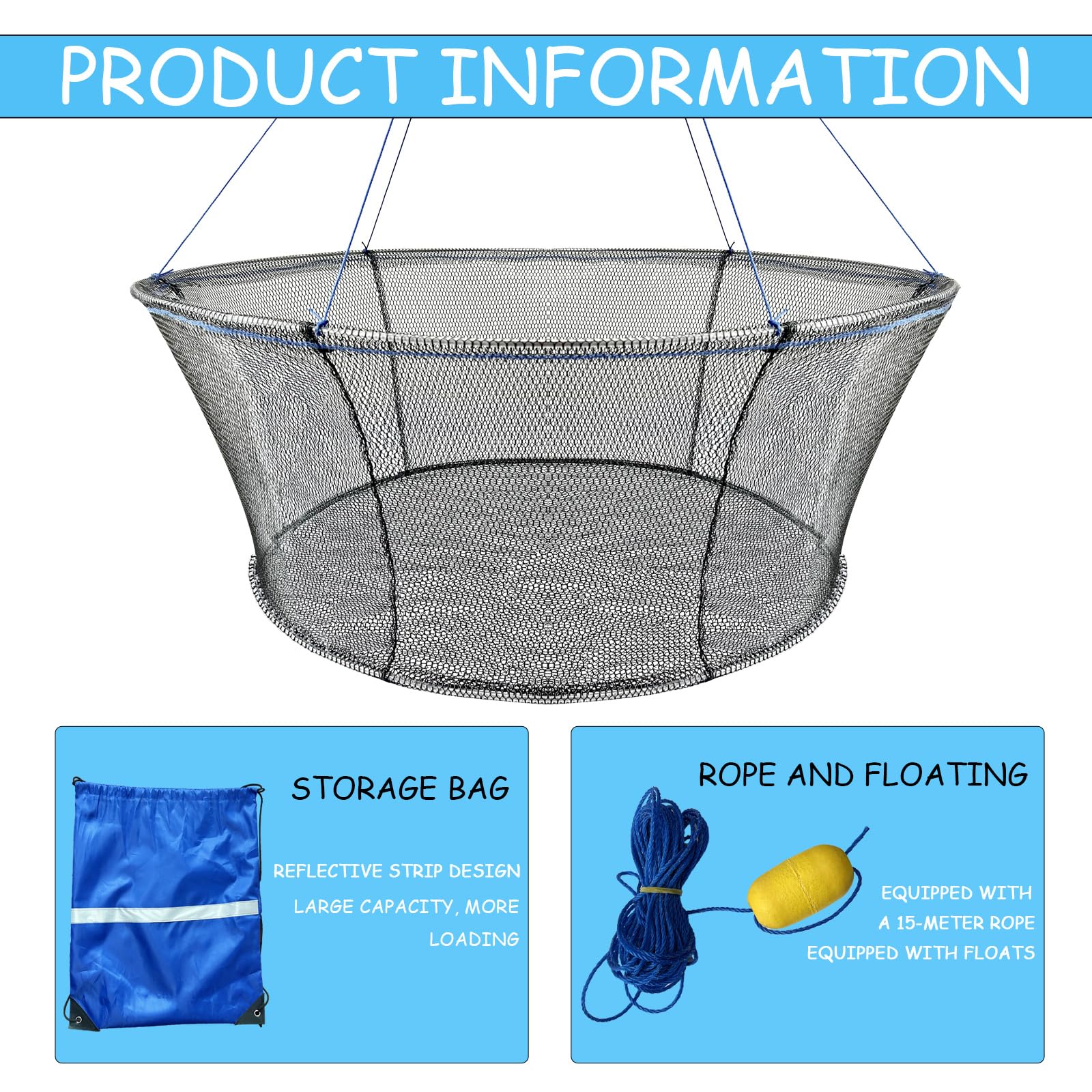 Floating portable fishing net expanded to 32x40 inch top opening