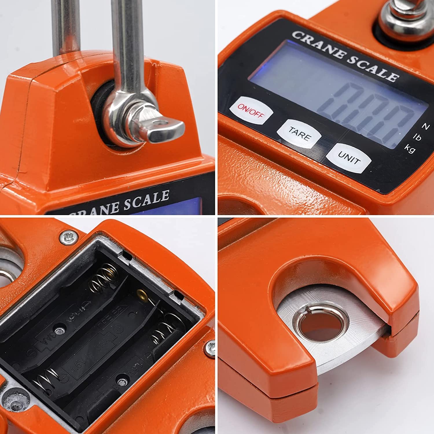 Orange housing with hanging hook and weight scale