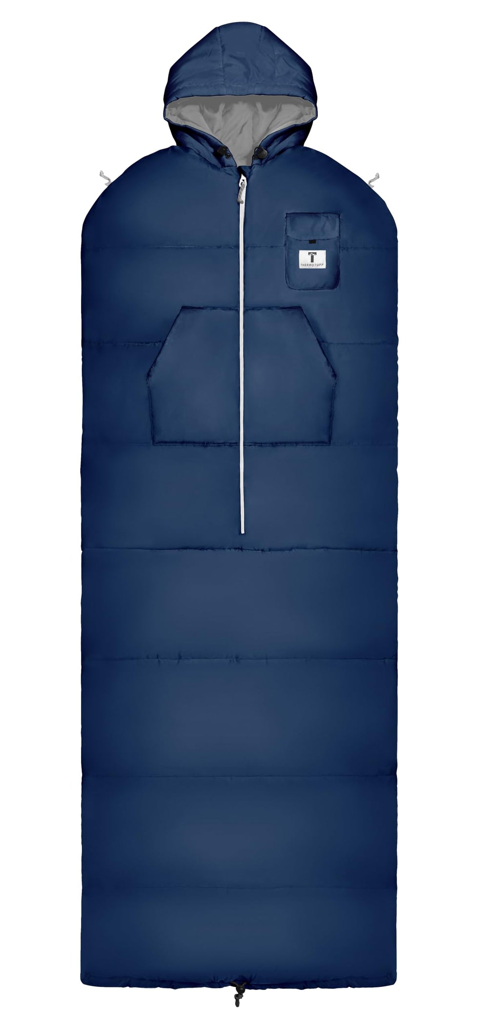 Flourish Thermotuff wearable sleeping bag dual hoodie on model for versatile warmth