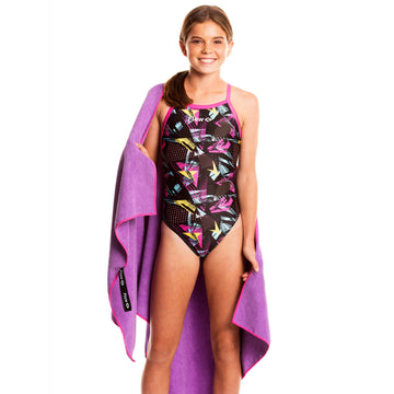 Flow Swim Gear vivid purple color with contrasting stitching adds visibility at poolside.
