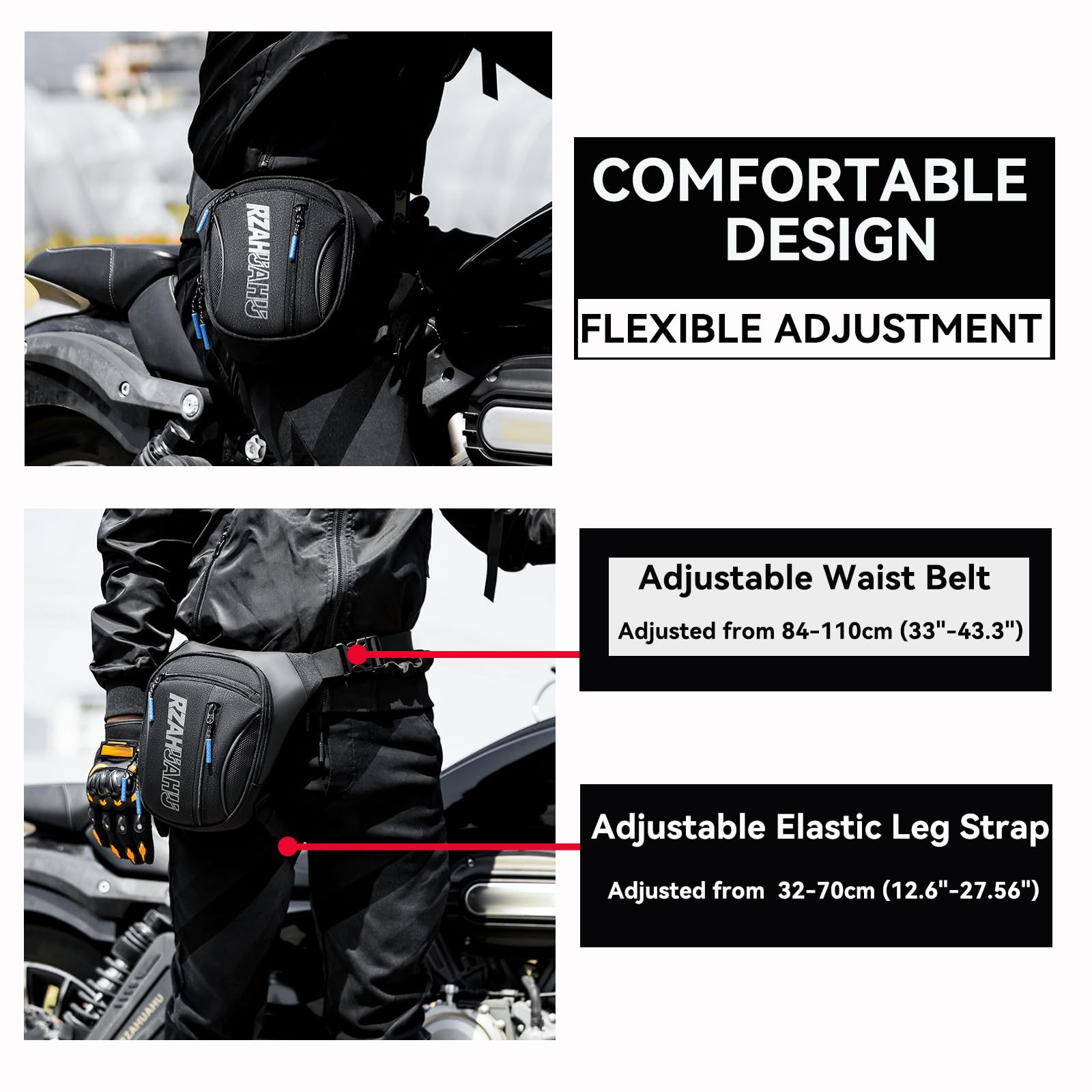 Model wears FLRUXI leg bag on the leg for hands-free mobility during activities.