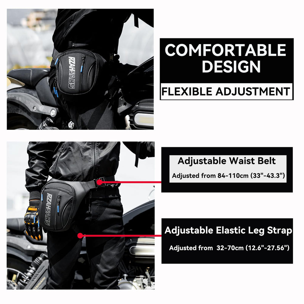 Model wears FLRUXI leg bag on the leg for hands-free mobility during activities.