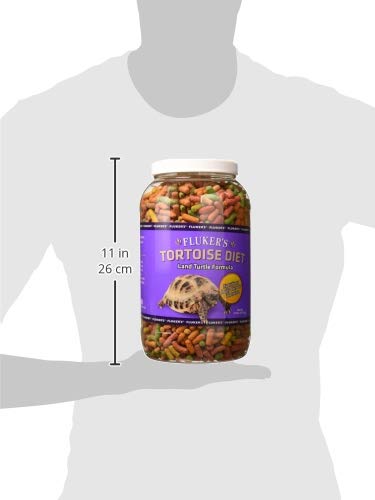 Fluker's Tortoise Diet nutrition label highlights balanced protein and minerals.