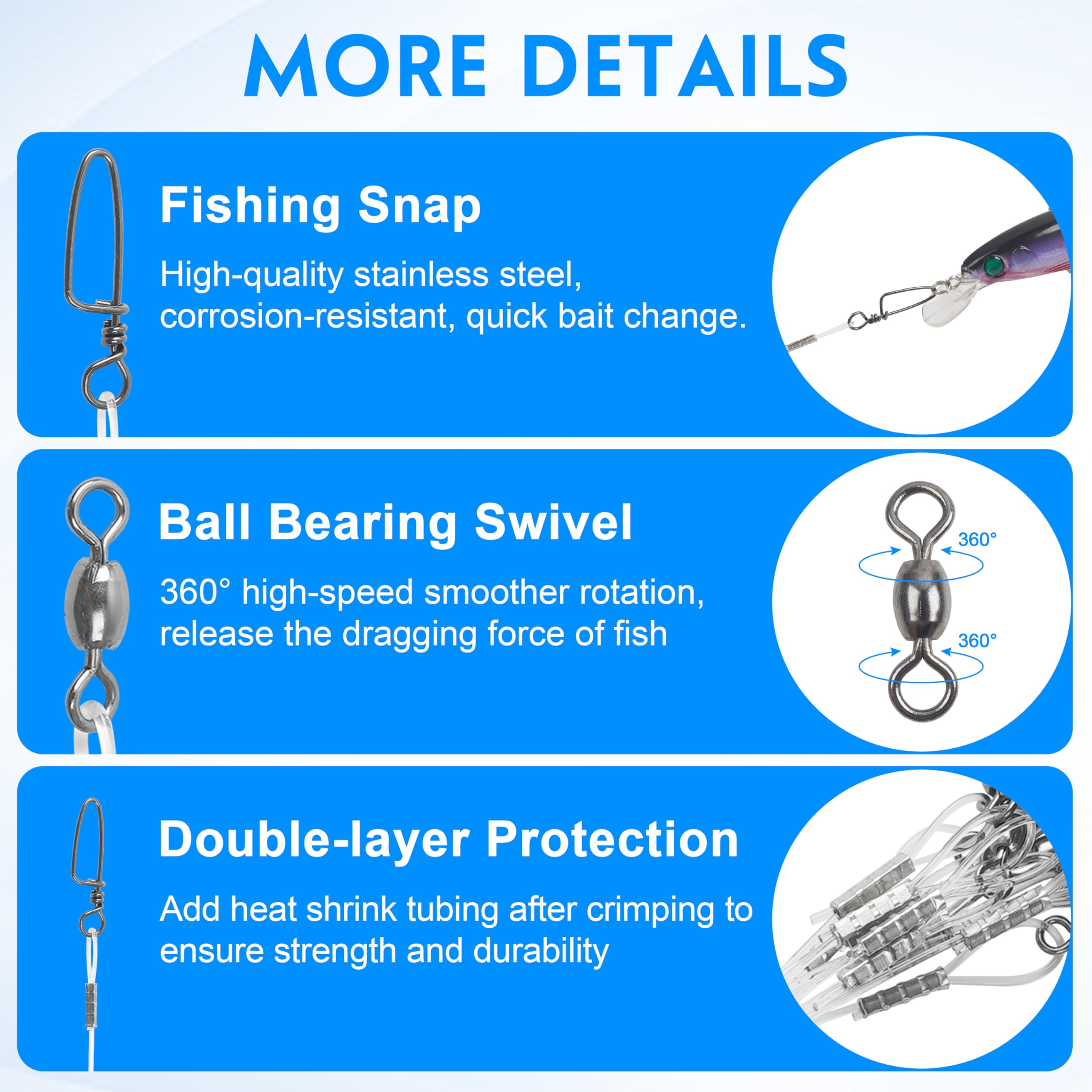 Close-up of stainless steel swivels and snaps on fluorocaron leader
