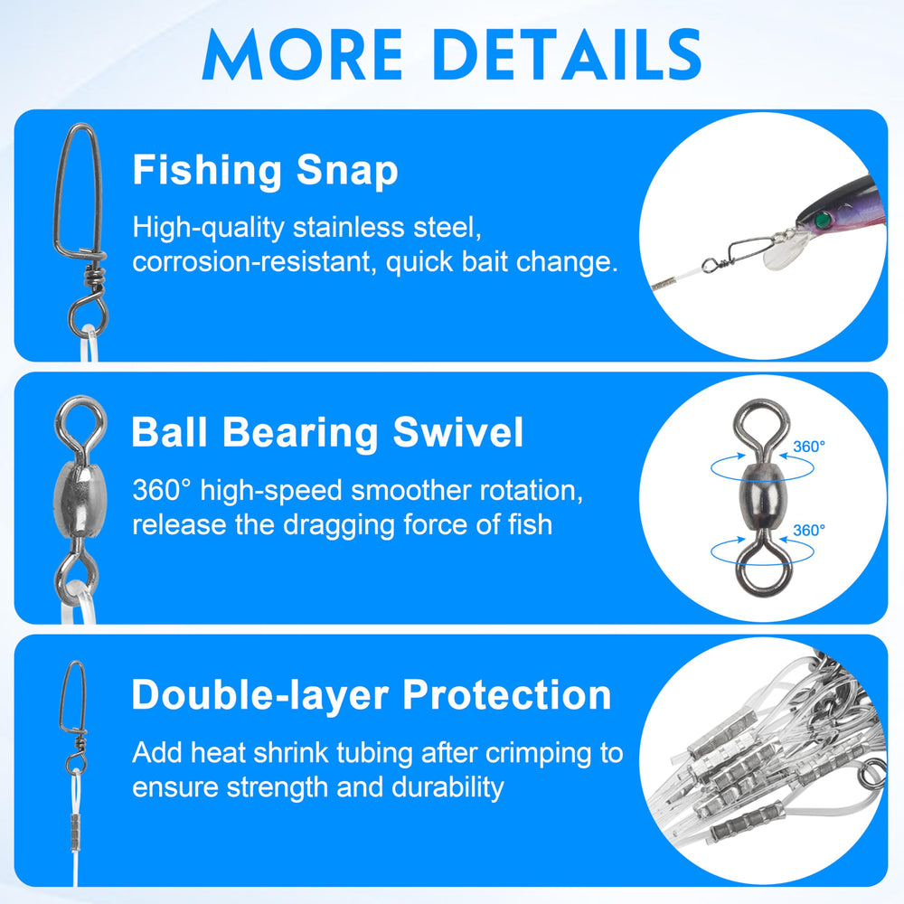 Close-up of stainless steel swivels and snaps on fluorocaron leader