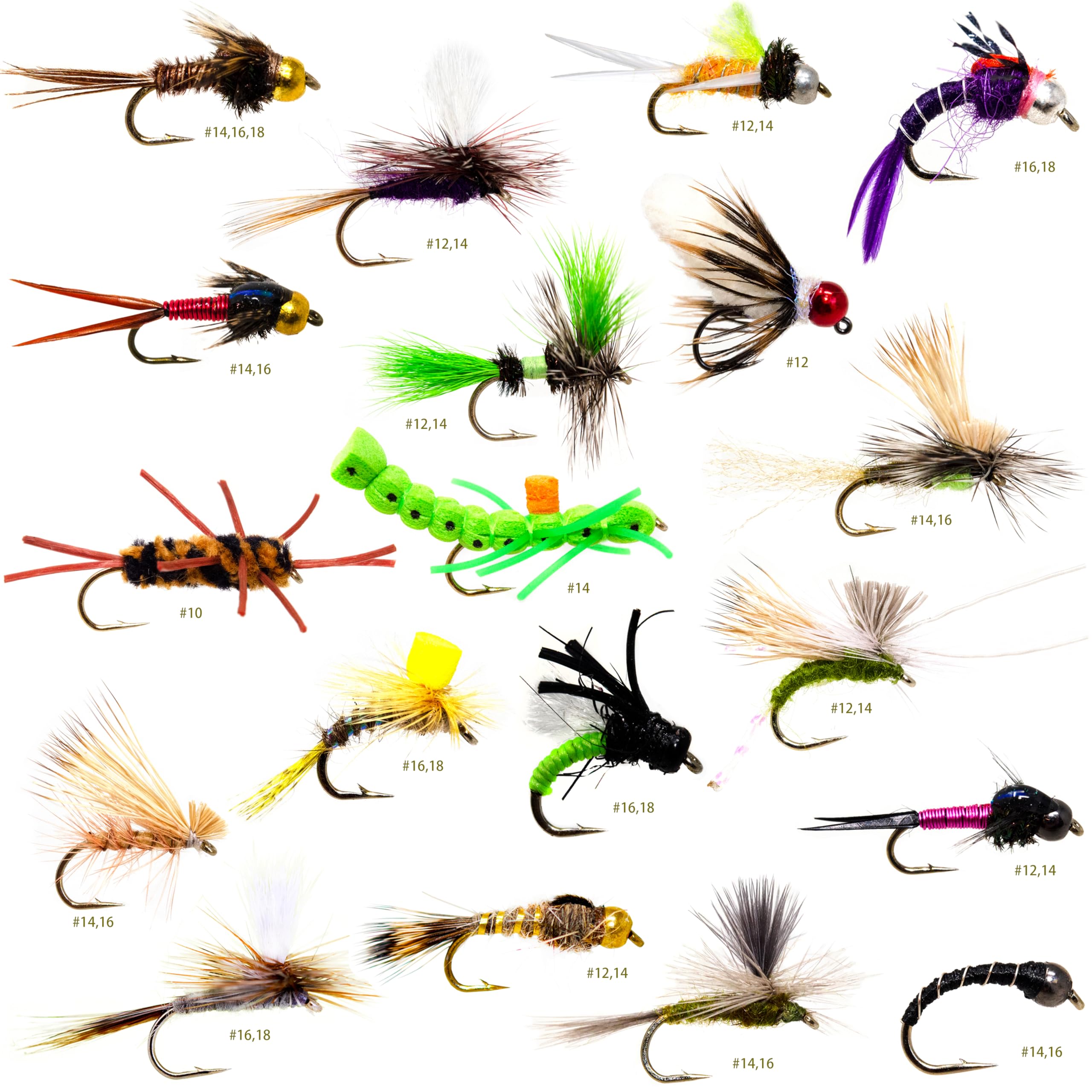 36-piece fly fishing flies assortment including dry, wet, and nymph patterns