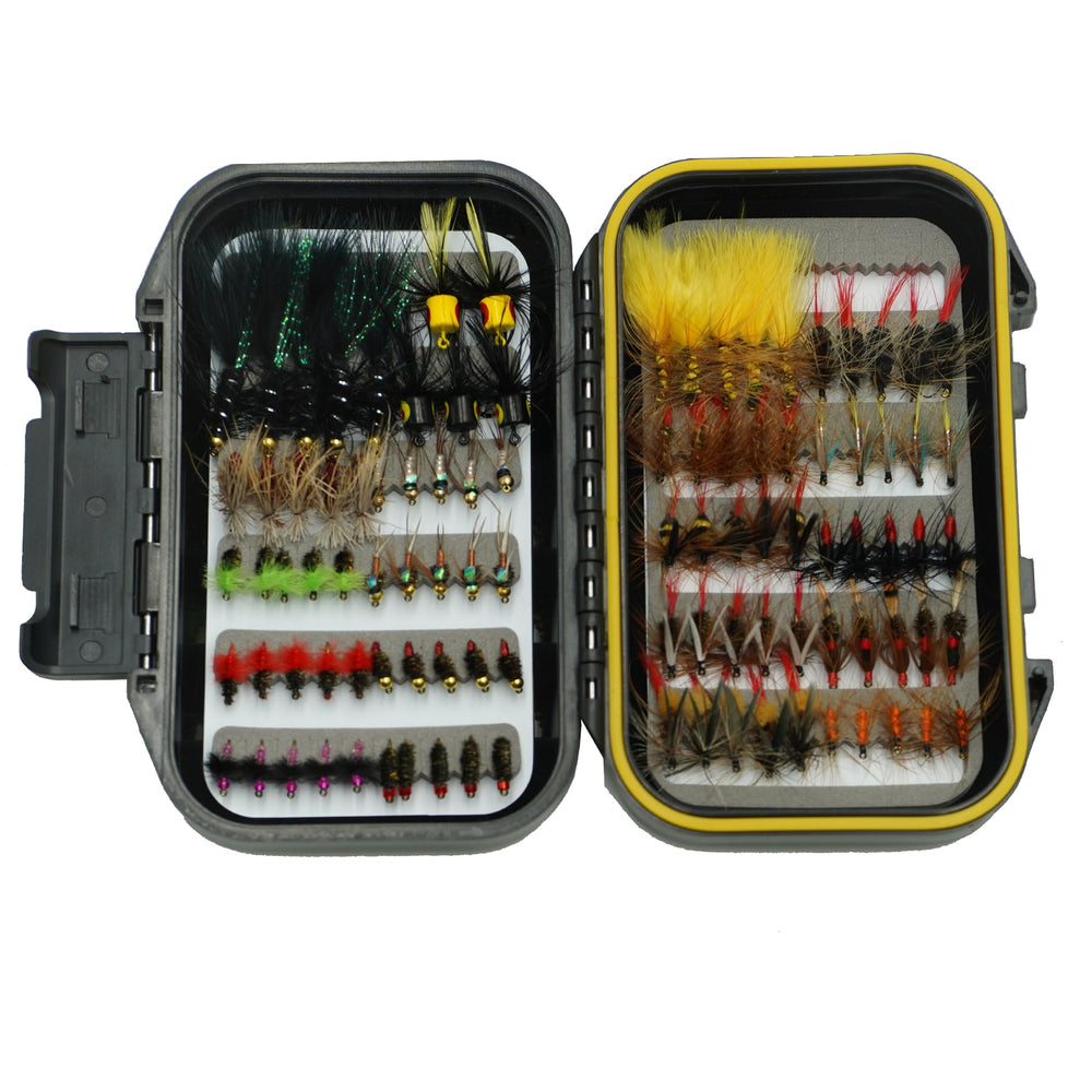 Fly fishing flies assortment kit with closed fly box