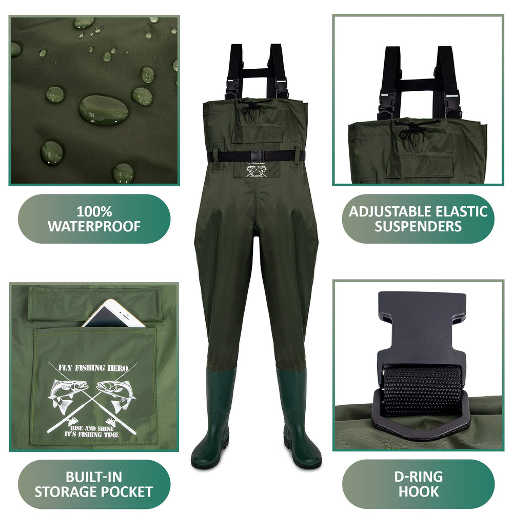 Fly Fishing Hero chest waders integrated boots provide stable footing on slippery banks