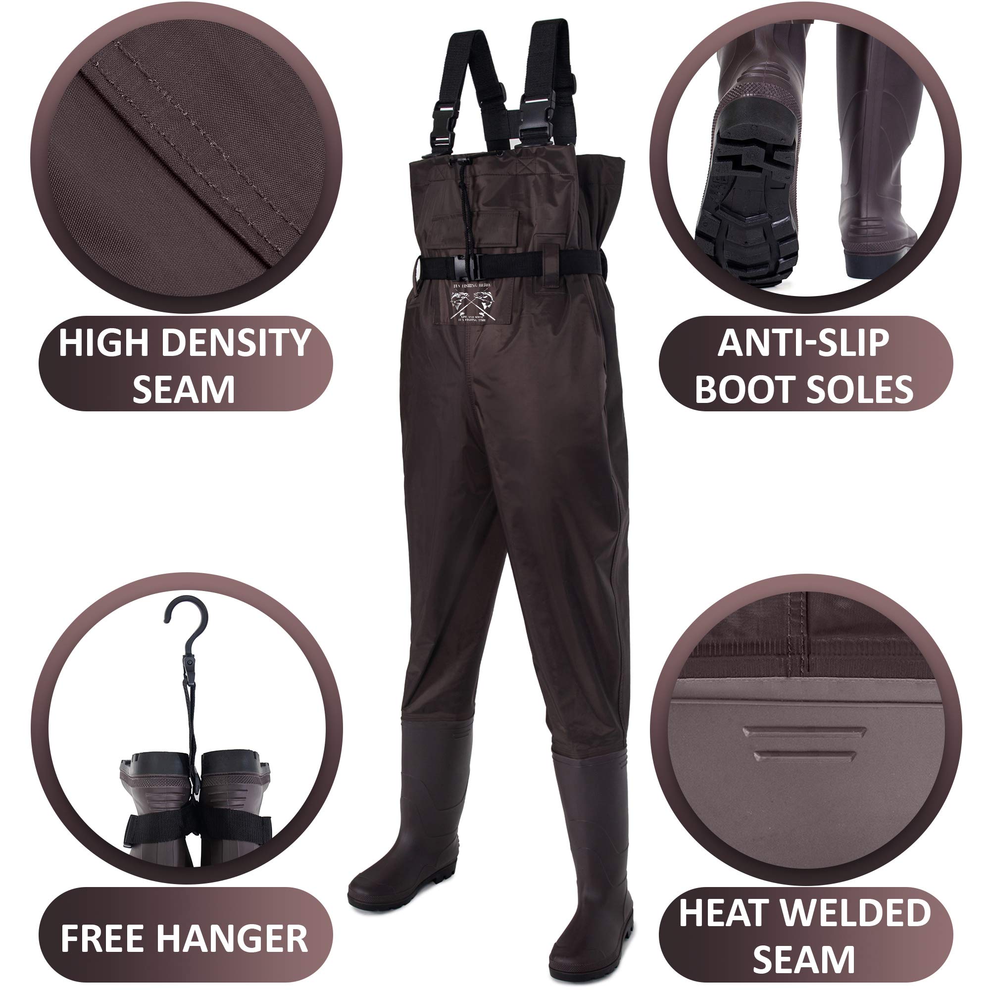 FLY FISHING HERO waders integrated-boots with anti-slip traction for slippery banks.