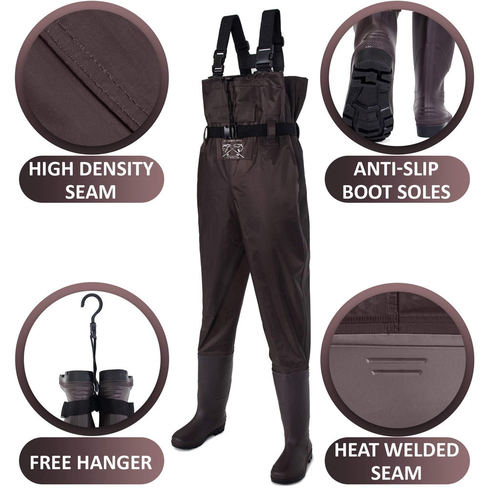 FLY FISHING HERO waders integrated-boots with anti-slip traction for slippery banks.