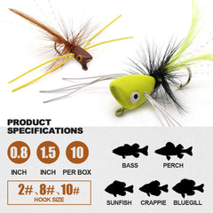Close-up of three-size popper flies with vivid colors