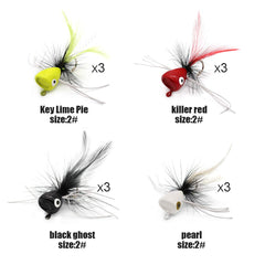 Three-size popper flies featuring painted heads for attraction