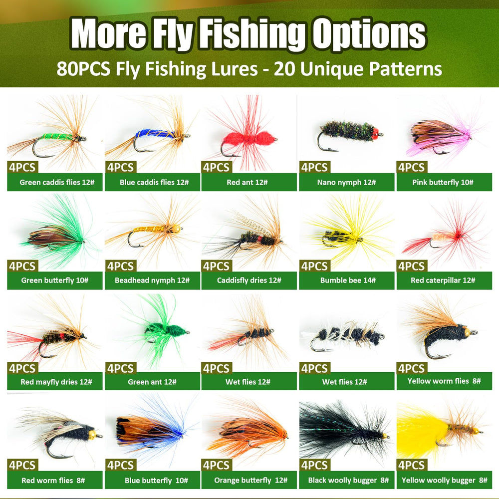 Fly assortment showing 20 styles and four hook sizes