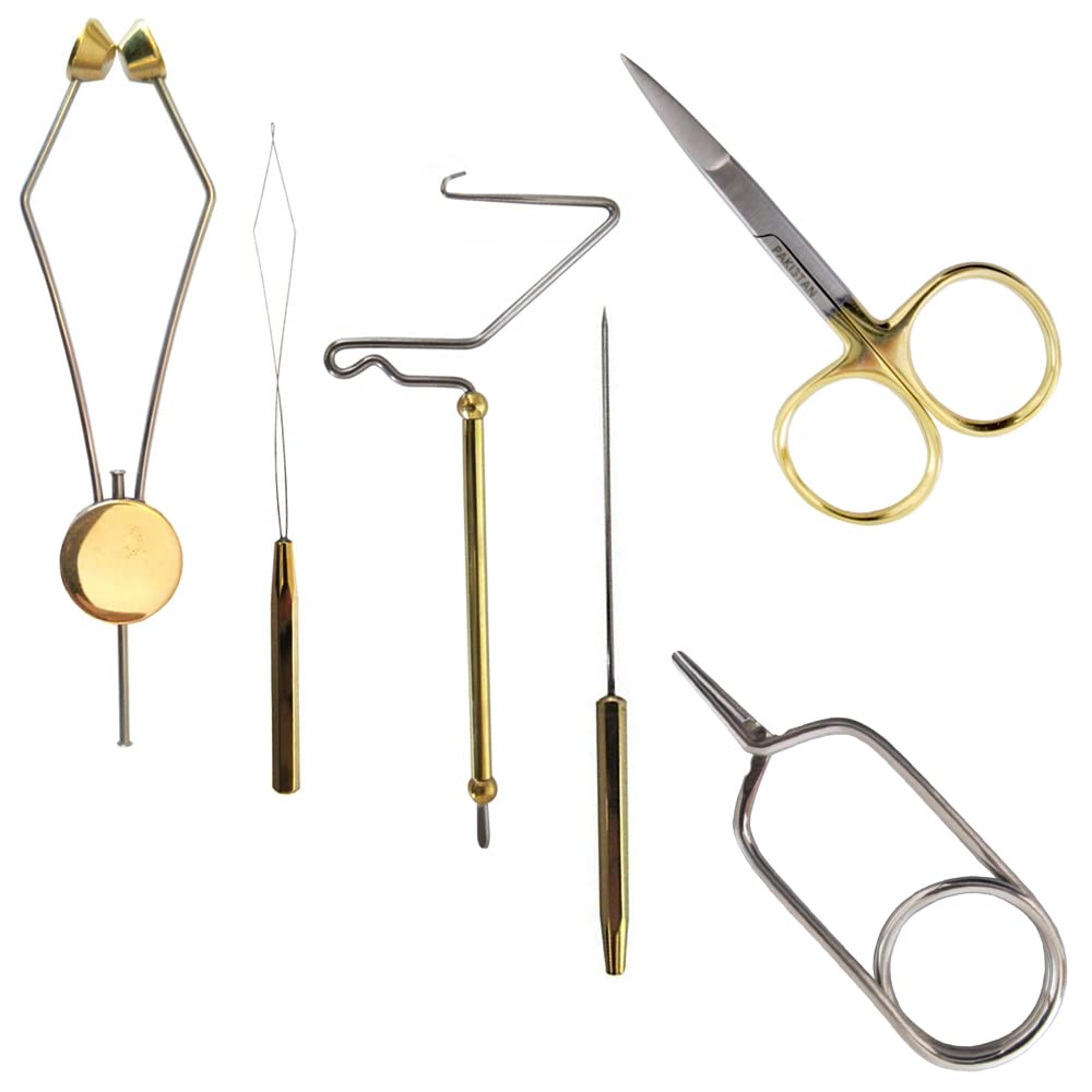 6-piece fly tying tools kit including gold-handle scissors and whip finisher