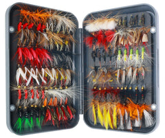 Front view of the 120-piece fly fishing kit with premium fly box.