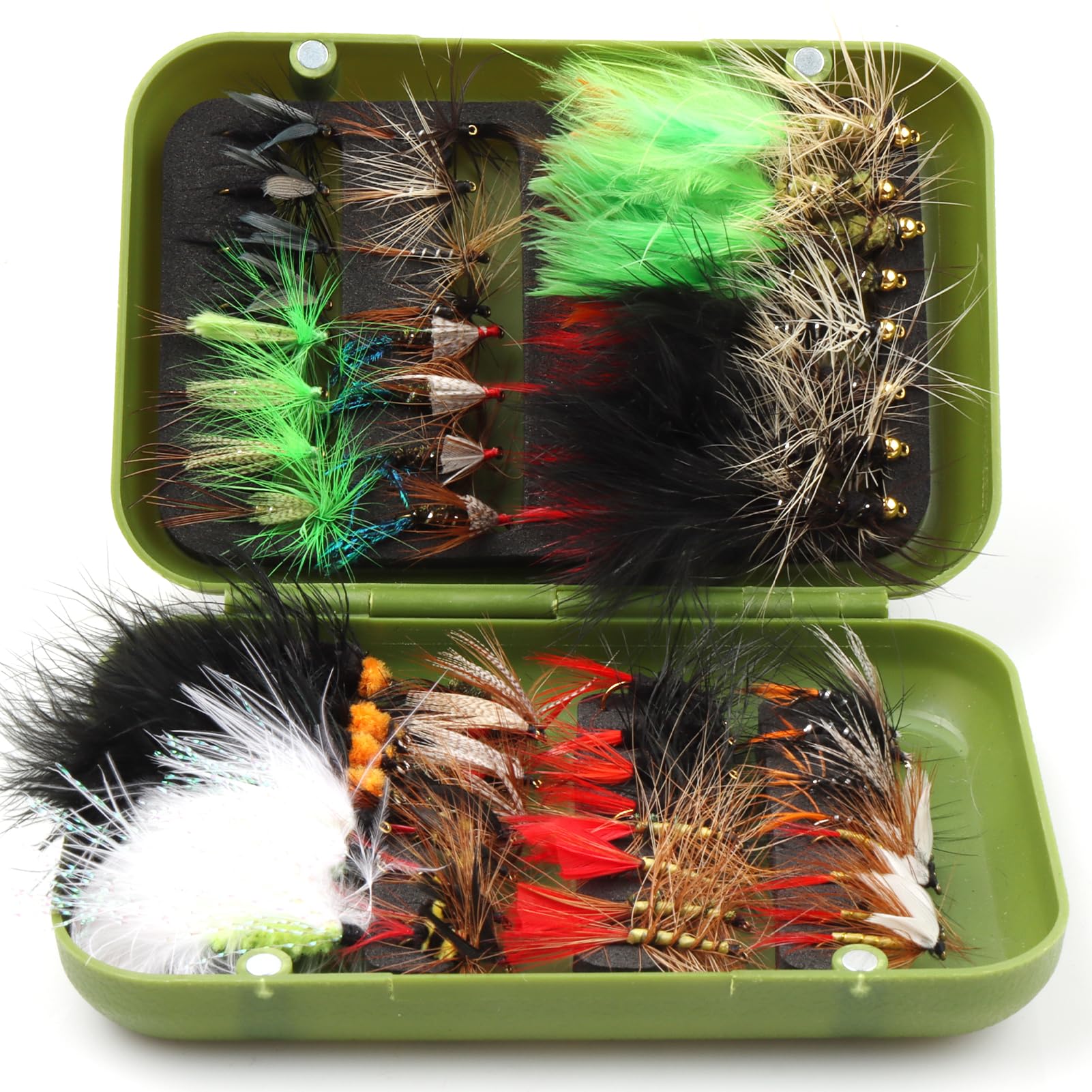 64-piece fly fishing flies assortment kit on display