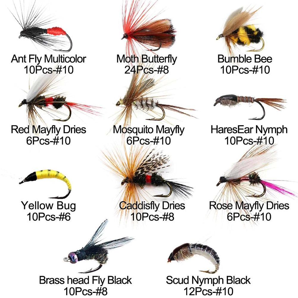 Hand-tied flies arranged in waterproof fly box
