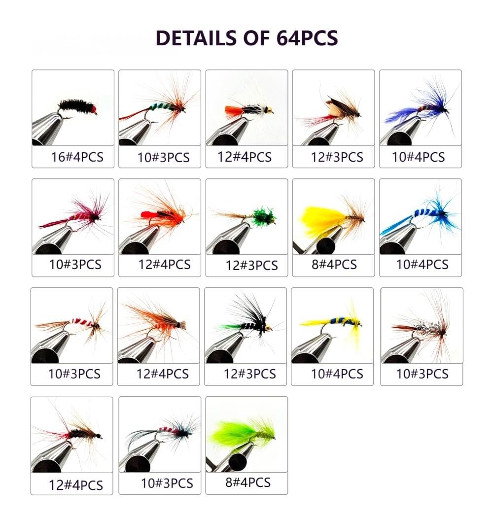Portable fly fishing box with organized 64-piece lure assortment