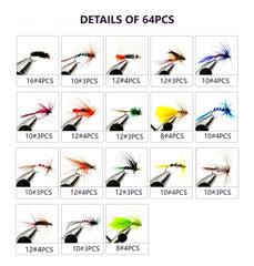 Portable fly fishing box with organized 64-piece lure assortment