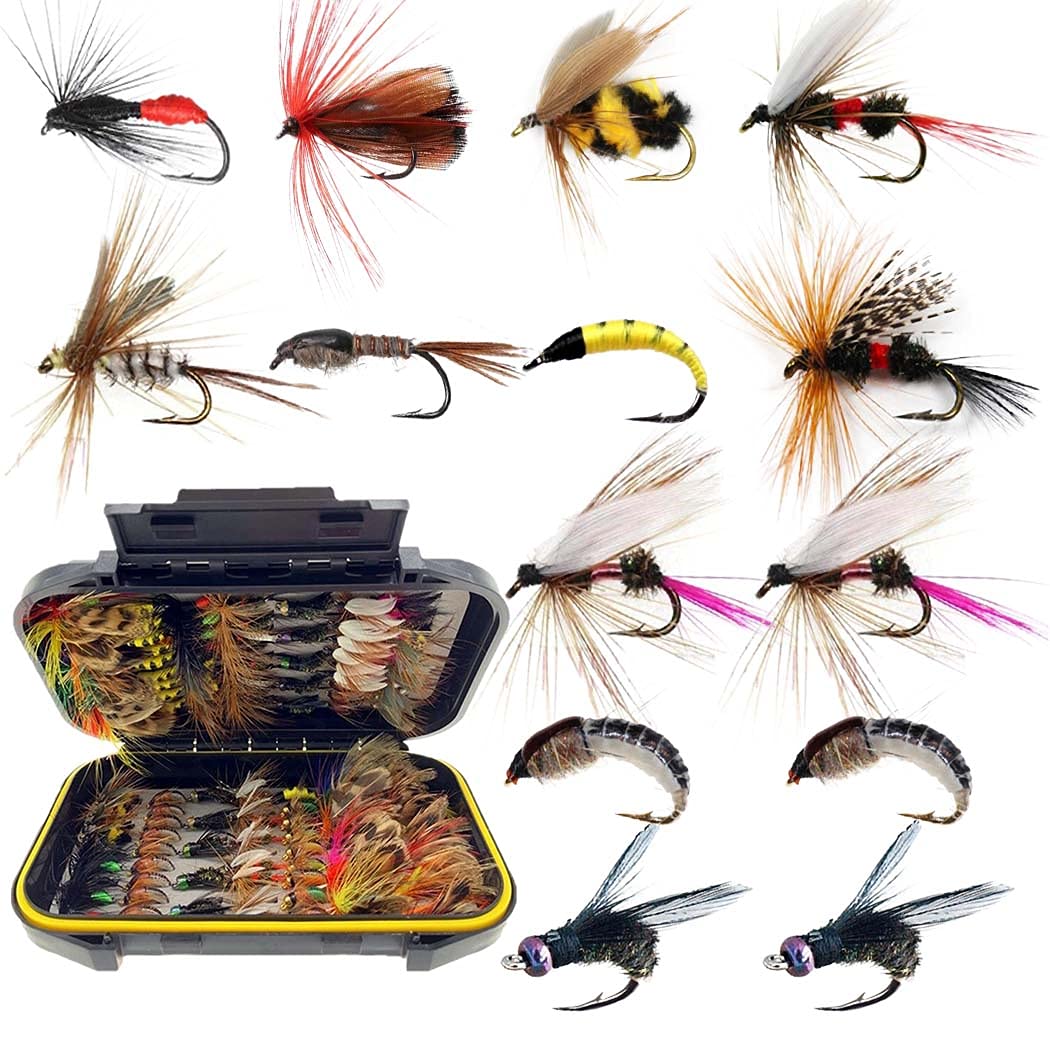 114-piece fly fishing flies kit stored in a waterproof box