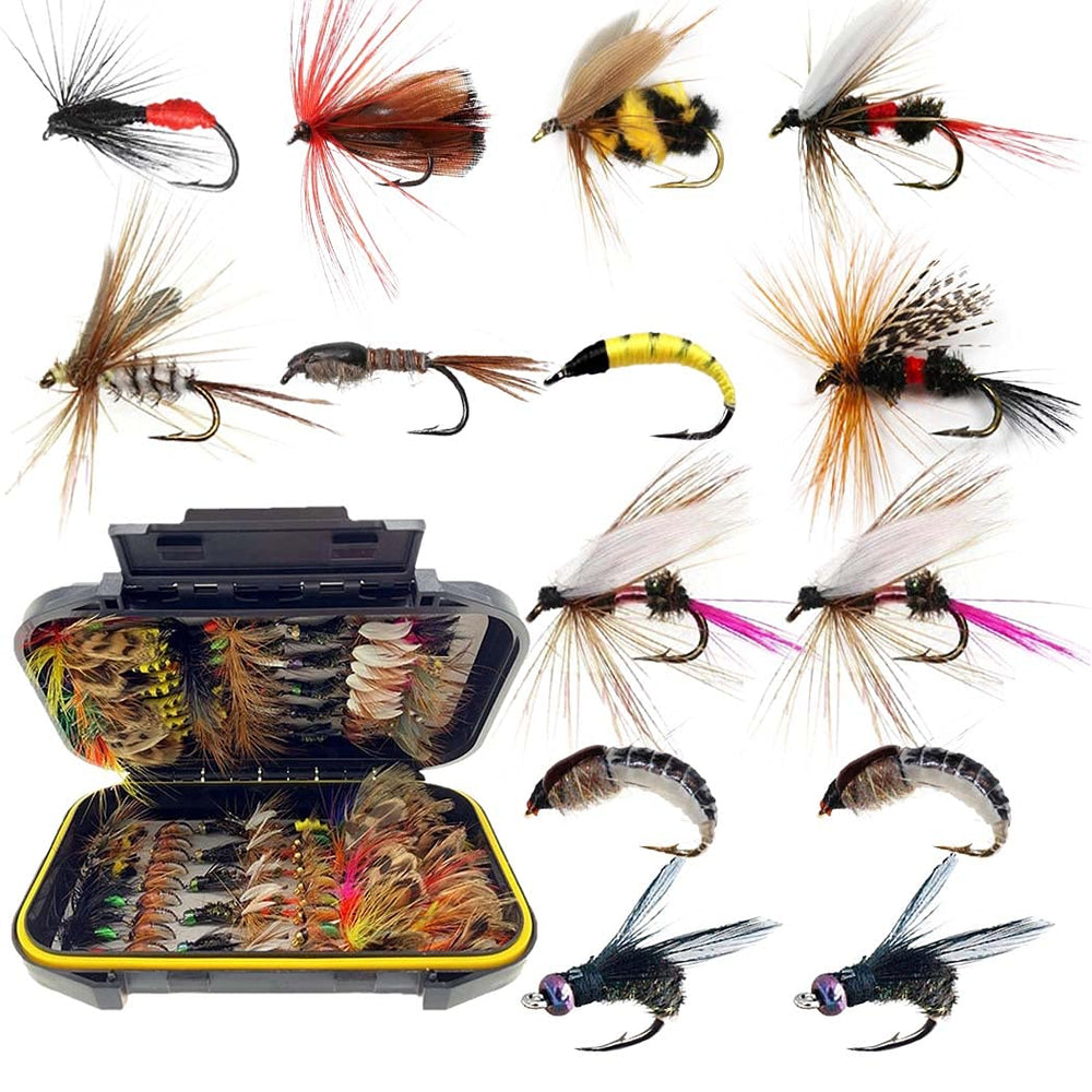 114-piece fly fishing flies kit stored in a waterproof box