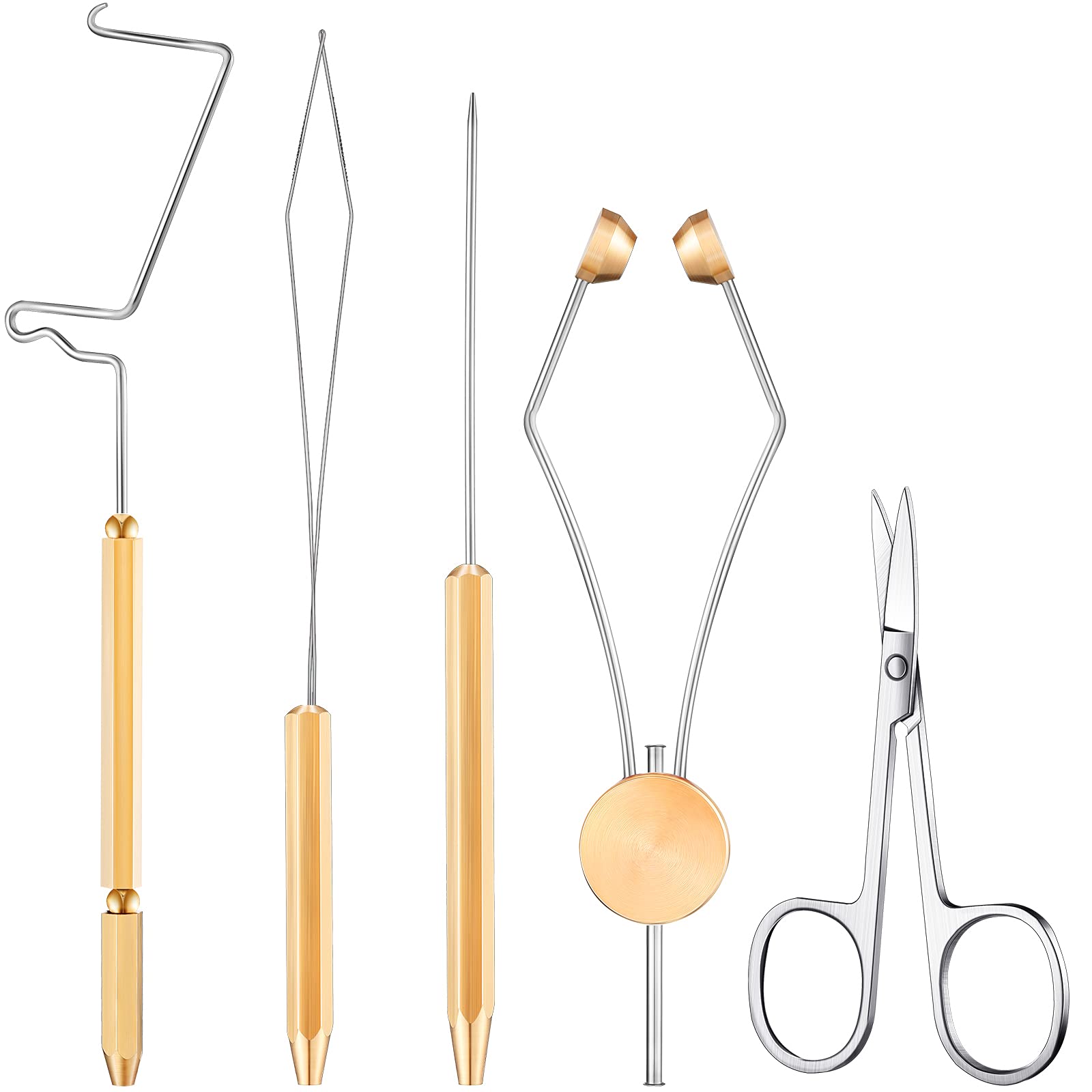 Five-piece stainless steel fly tying tools set including whip finisher knotter, bobbin holder, disc threader, arrow scissors, and winder threader