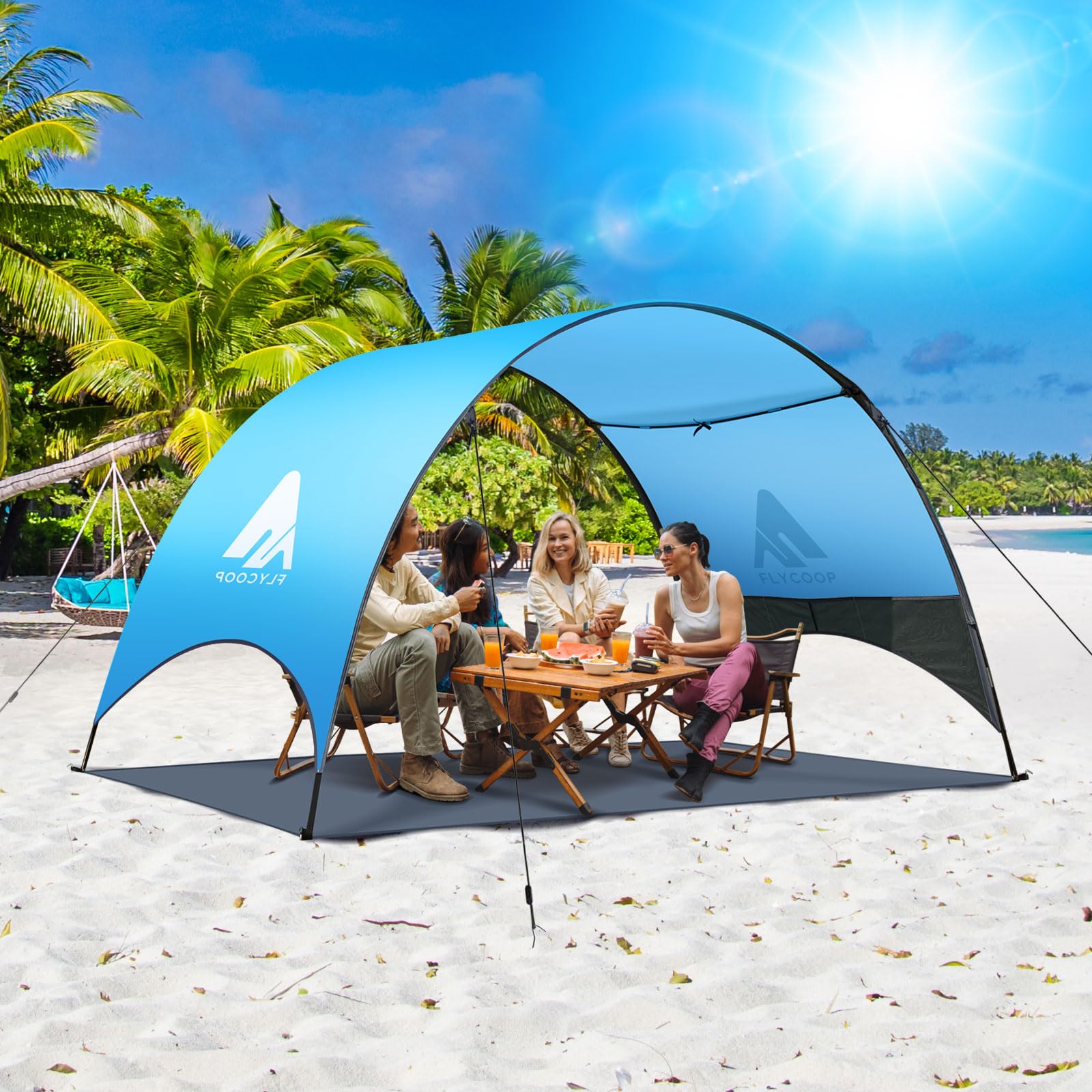 Flycoop Beach Tent ground-stakes secure shade on sand or grass