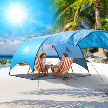 Flycoop Beach Tent ground stakes keep the shade secure.