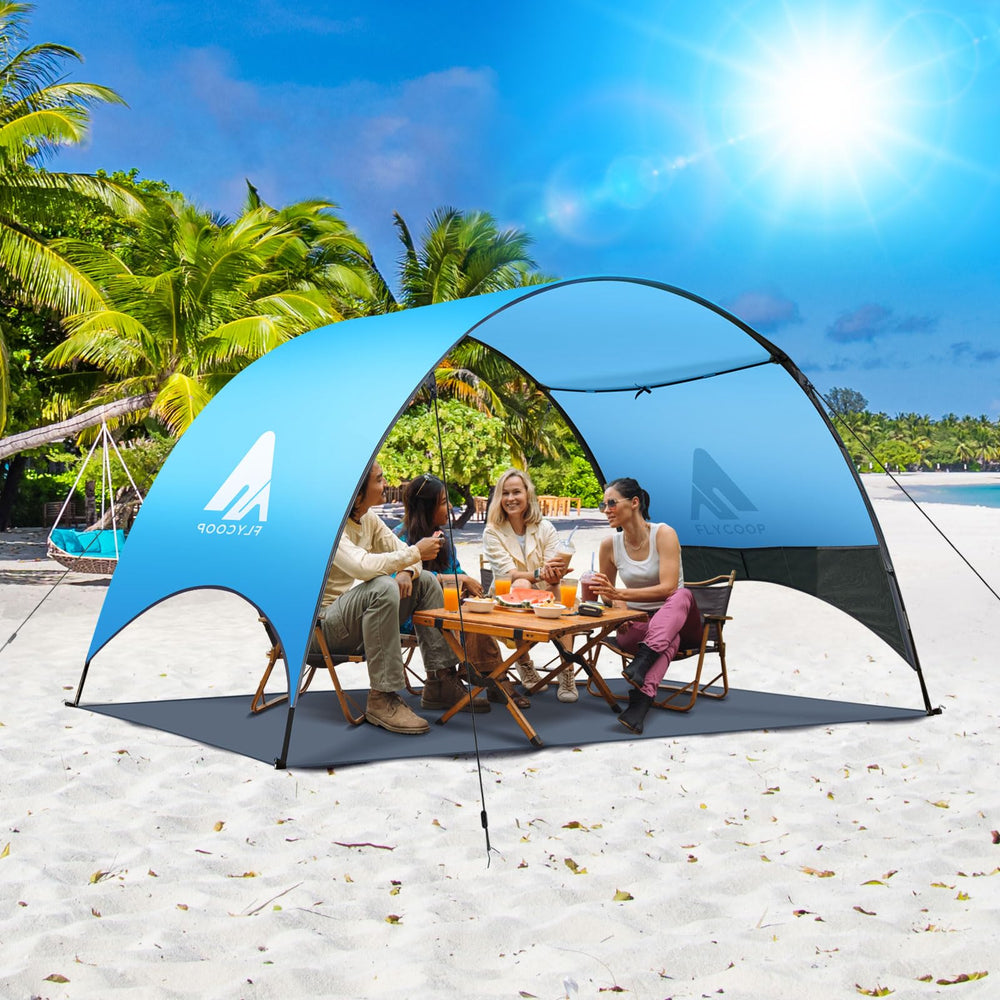 Flycoop Beach Tent ground-stakes secure shade on sand or grass