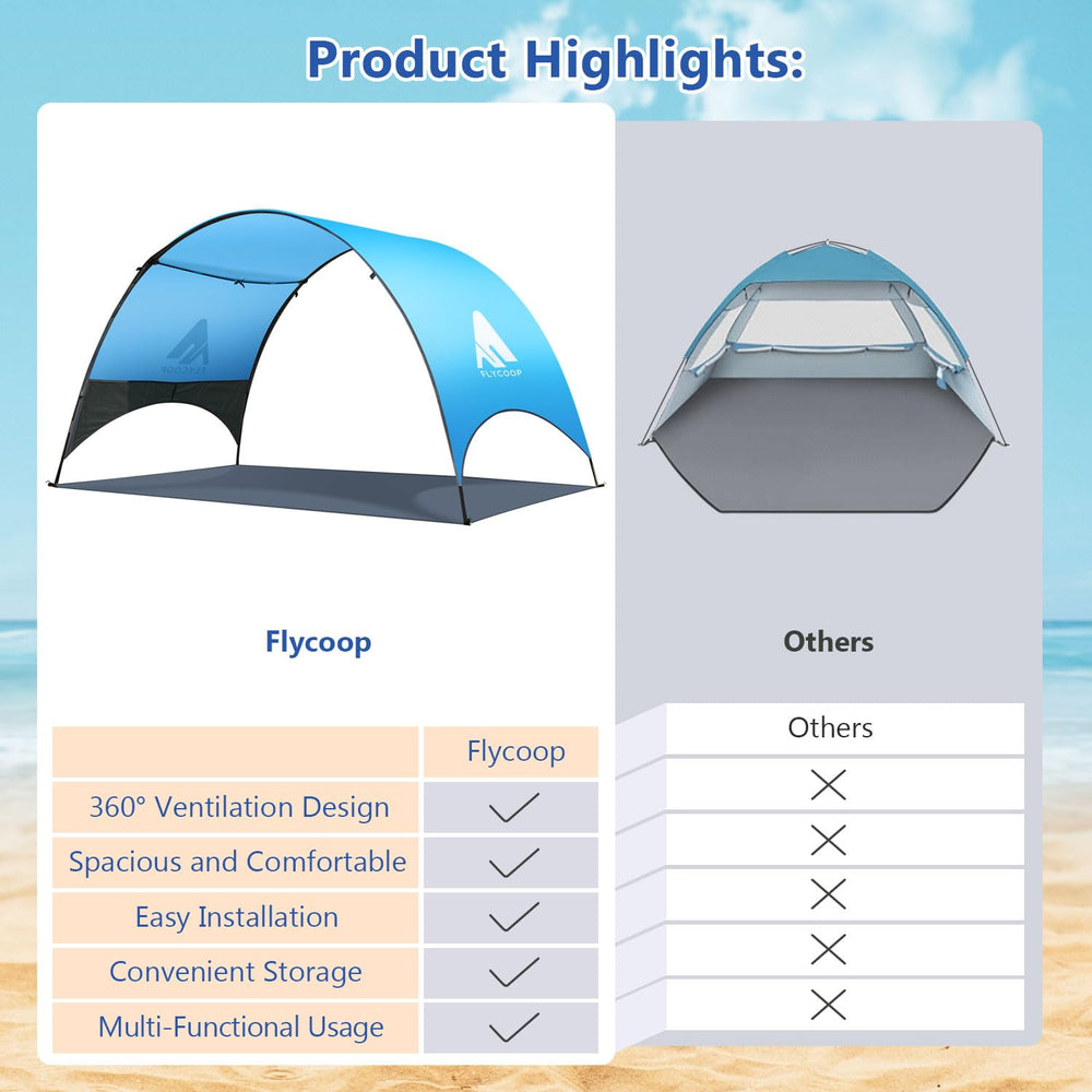 Flycoop Beach Tent setup-video guides quick, tool-free assembly