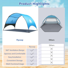 Flycoop Beach Tent setup-video guides quick, tool-free assembly