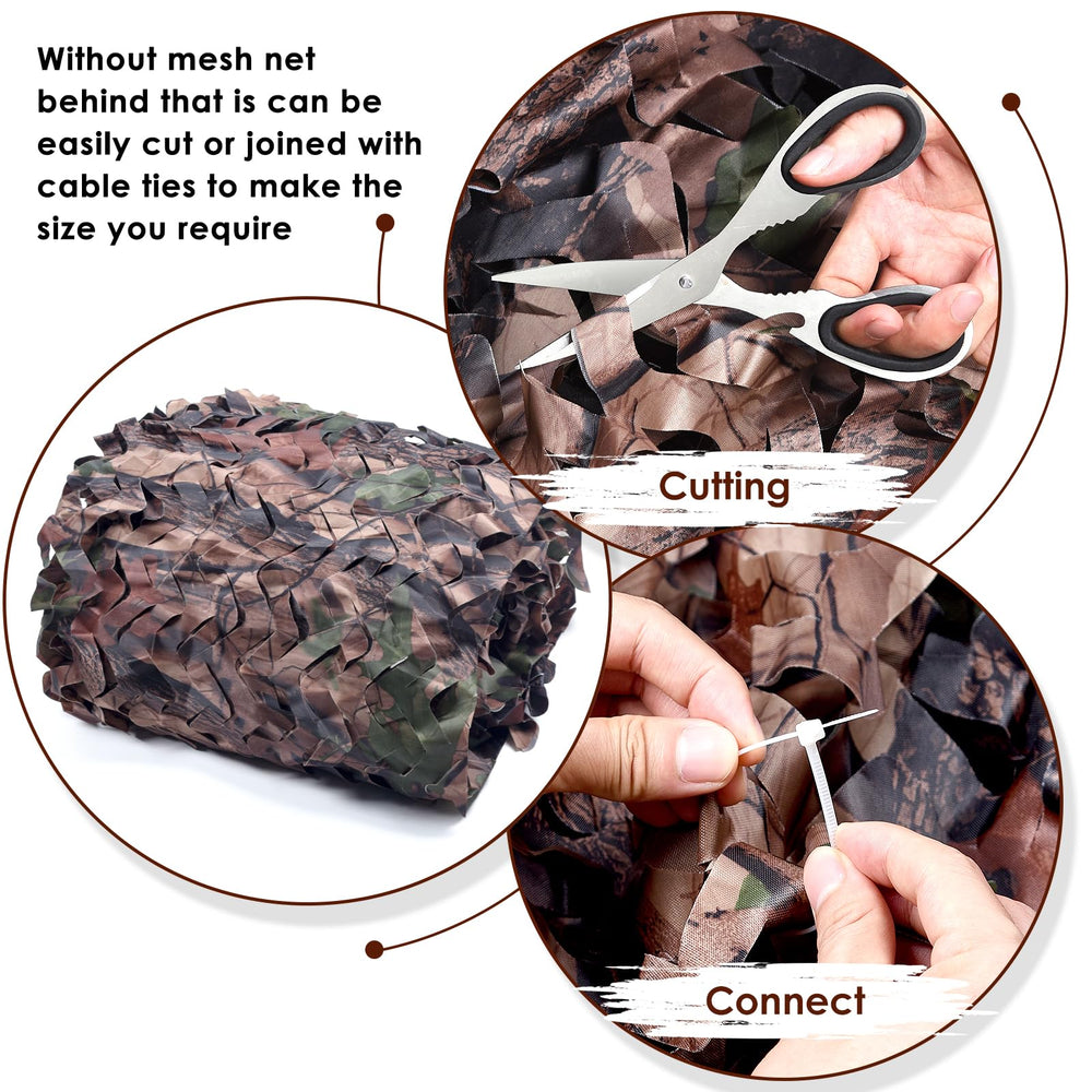 FLYEGO camo netting 150D Oxford polyester highlights durable, lightweight construction.