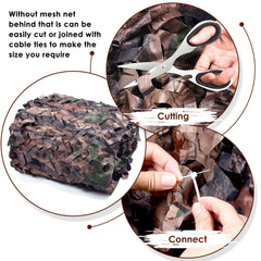FLYEGO camo netting 150D Oxford polyester highlights durable, lightweight construction.
