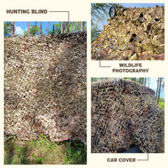 FLYEGO camo netting hunting blind setup showing easy attachment with corner loops